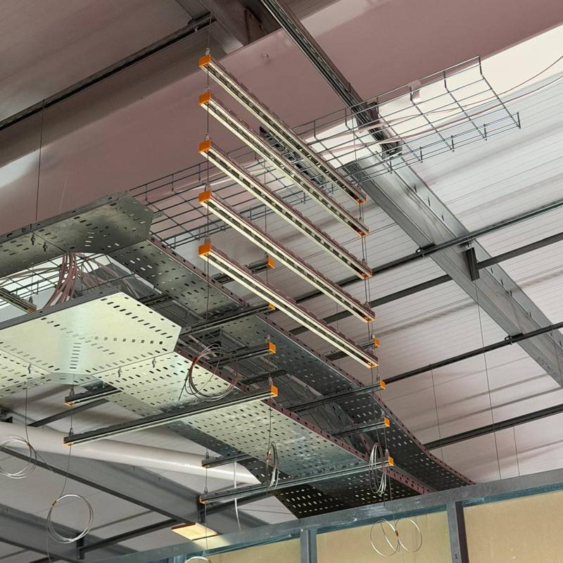 Five tiers of Zip-Strut suspended on wire above cable tray and basket at the Hull sports centre